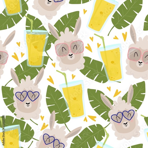 Vector seamless pattern with lemonade glass, tropical leaves and llama. Summer background