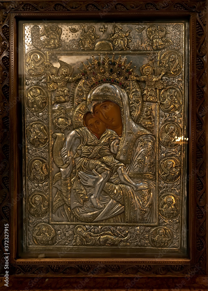 Icon covered in gilded silver riza in the Holy Trinity Cathedral known as Sameba of Tbilisi Georgia