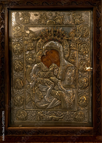 Icon covered in gilded silver riza in the Holy Trinity Cathedral known as Sameba of Tbilisi Georgia