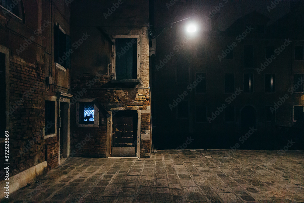 Venice Italy. Mysterious square at night. Foggy night without people. Venice Italy. Mysterious square at night. Foggy night without people.