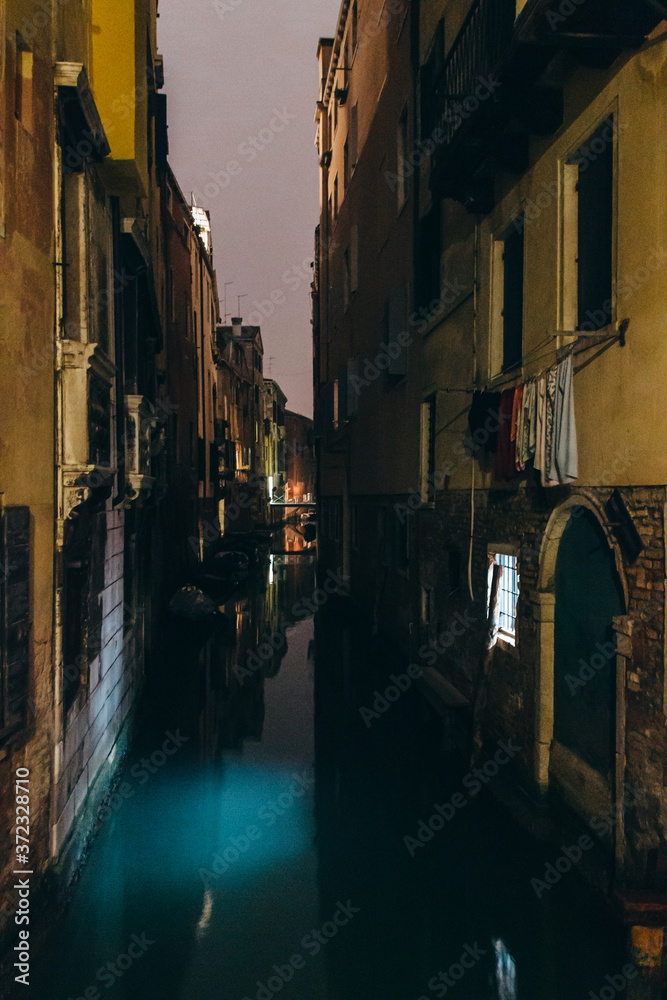 night photography of venice. Canal at night. Unique mysterious different Venice. Venice Italy.
