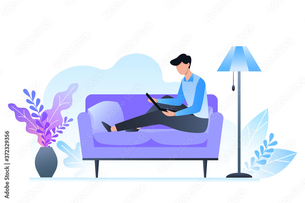 The man is sitting on the couch and holding a laptop. Freelance and learning at home. Room interior in cold shades. Vector illustration The man is sitting on the couch and holding a laptop. Freelance and learning at home. Room interior in cold shades. Vector illustration