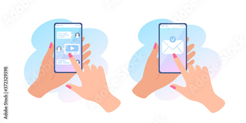 A hand holds a phone with a message on screen. Sending a message and online chat. Envelope on touch screen. Vector flat cartoon illustration for websites and banners design.