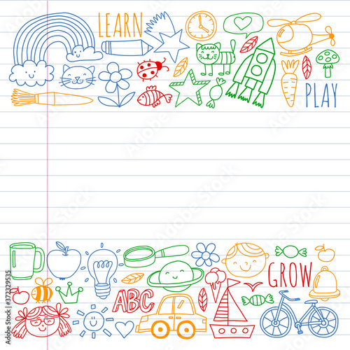 Kindergarten and school online education. Lessons for little boys and girls.