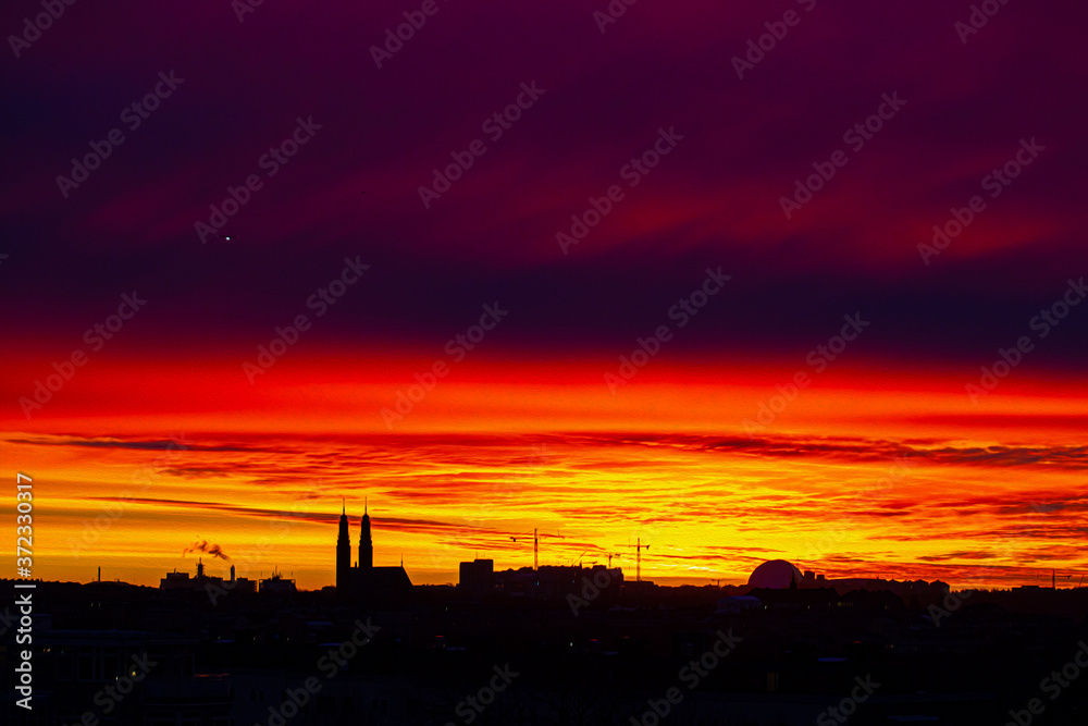 Fire Bright Night Skyline over Big City  Sunset