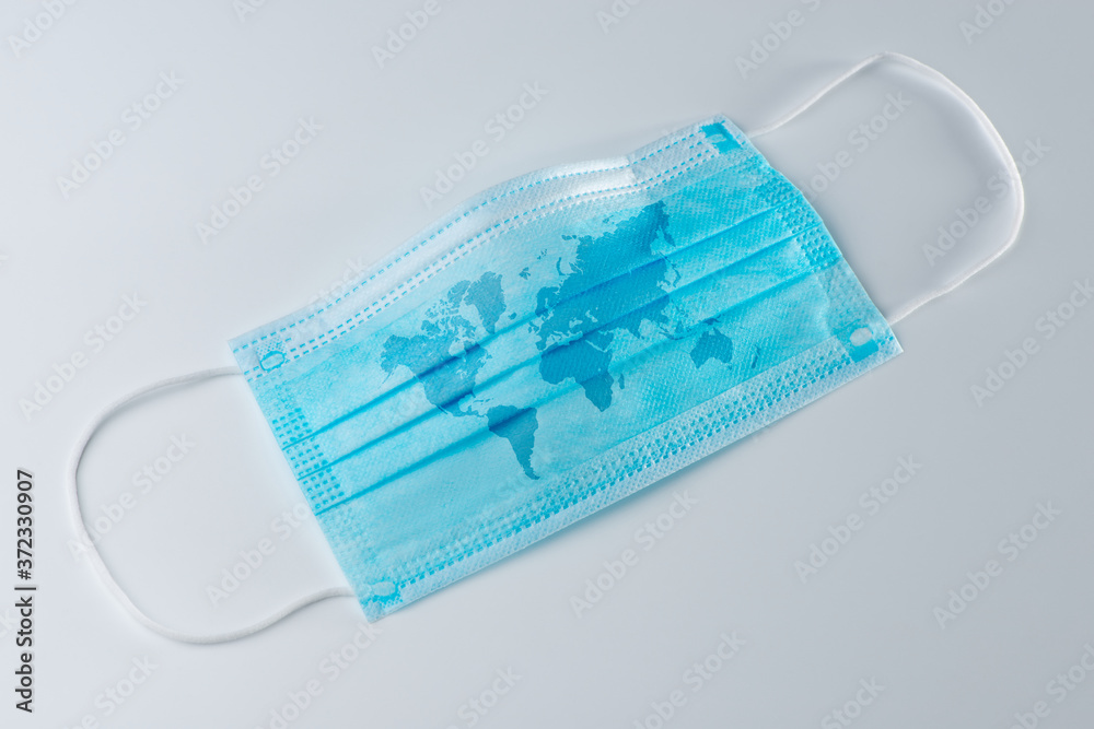 Surgical face mask with a map of the world on white background
