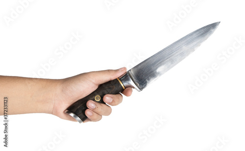man's hand holding Kitchen knife on white background