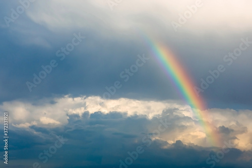 Rainbow over the clouds on blue sky background.