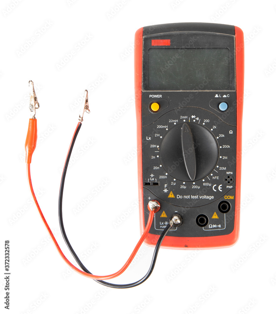 red lcr Digital Multimeter with probes on white background red lcr Digital Multimeter with probes on white background