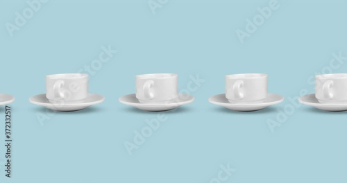 many empty white coffee cups animated on a pastel blue background. seamless looping of realistic 3d food and drink. minimal motion design art
