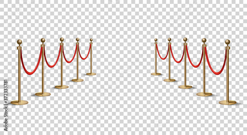 Barriers with red rope line. VIP zone, closed event restriction. Realistic image of golden poles with velvet rope. Isolated on transparent background photo