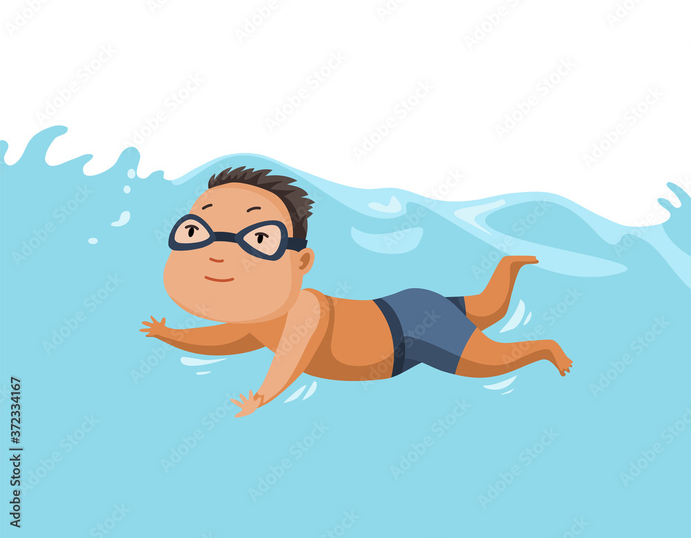 Children swimming in pool. Cheerful and active little boy swimming in