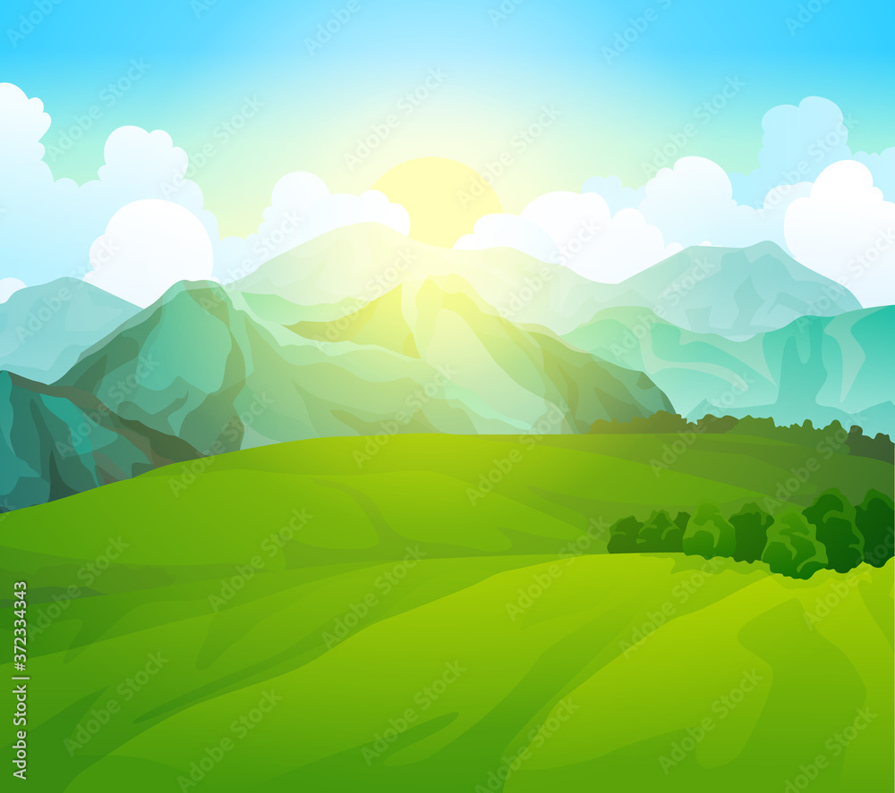 Landscape green meadows with mountains. Summer valley view. Landscape hill field. Wild nature grass and forest in countryside. Summer vector land with sunrise