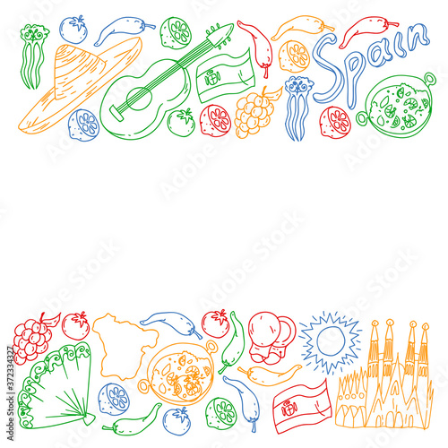 Spain vector icons. Hand drawn set with spanish food paella  shrimps  olives  grape  fan  wine barrel  guitars  music instruments  dresses  bull  rose  flag and map  lettering.