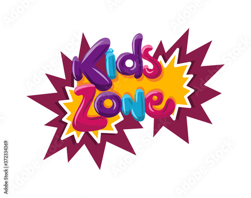 Kids zone. Children playground game room or center emblem. Playroom banner for children play zone. Kid entertainment camp poster. Toys fun playing zone, games party and play area poster photo