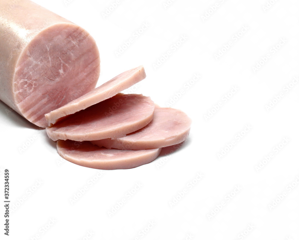 Salami isolated. Boiled ham sausage sliced on white background Salami isolated. Boiled ham sausage sliced on white background