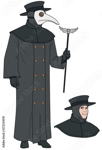 Dr. Hieronymus: man dressed as medieval plague doctor holding a staff