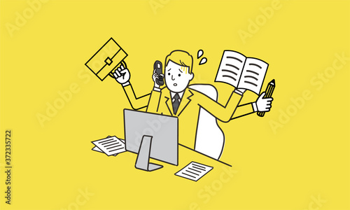 仕事に忙殺されるビジネスパーソン、黄色とグレーのイラスト