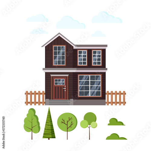 Rural wooden house exterior with fences, clouds and different trees icon set isolated on white background. Two storey home facade with window, roof, door in flat cartoon style. Vector illustration.