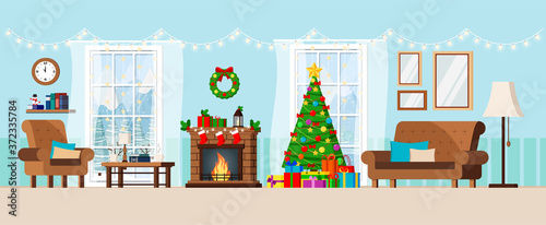 Cozy christmas decorated living room interior scene. Room with christmas tree, fireplace, table, sofa, gifts, rack, coffe table, window with winter landscape in flat style. Vector illustration.