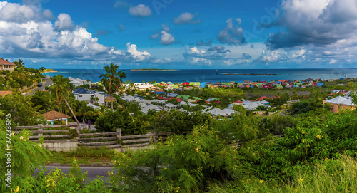 Colourful buildings at Orient Bay viewed from Paradise view, St Martin
