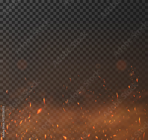 Sparkes vector effect. Overlay on top of your design to give it a hot effect or burning and flying sparks. Realistic Burning hot sparks. 
Flying up embers and smoke flying in the air. Vector effect