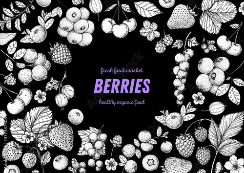 Berries drawing collection. Hand drawn berry sketch. Vector illustration. Food design template with berry. Strawberries, raspberries, blueberries, cranberries, currants, cherries, lingonberries.