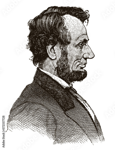 Antique portrait of Abraham Lincoln, historic American president in profile view. Illustration after antique engraving from 19th century
