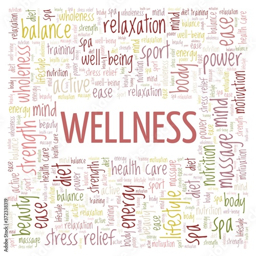 Wellness word cloud isolated on a white background. 