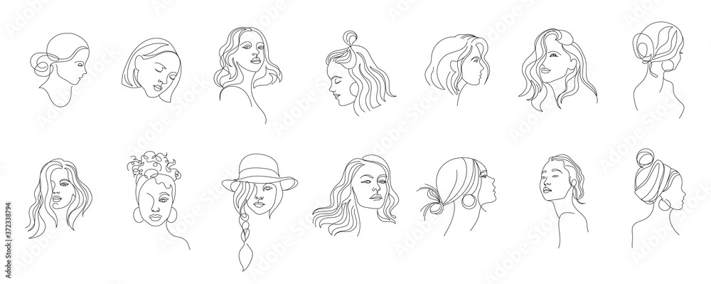 Vector logo and branding design templates in minimal style, for beauty center, fashion studio, haircut salon and cosmetics - female portrait, beautiful woman's face  - obrazy, fototapety, plakaty 