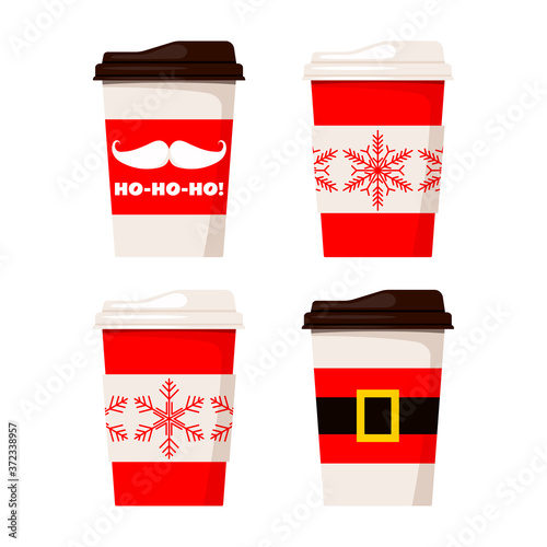 Merry Christmas paper coffee or tea cups decorated santa claus belt, ho-ho-ho and snowflakes illustration isolated on white background. Vector flat style set winter x-mas drink to go design elements.