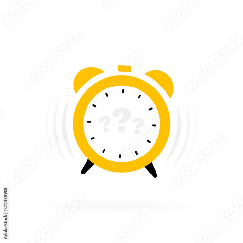 Alarm clock label with question marks. Uncertainty concept. Modern Vector illustration