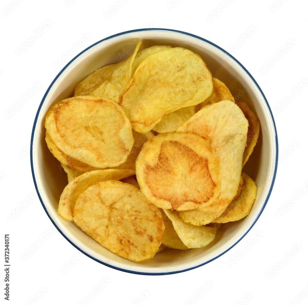 Salty Potato chips isolated on white background.