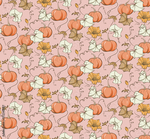 Fall pumpkin seamless pattern. Fairy tale nursery repeat background, wild flower autumn bloom illustration.  Kids baby girl kitchen print,home decor  texture, bedroom design, wrapping paper