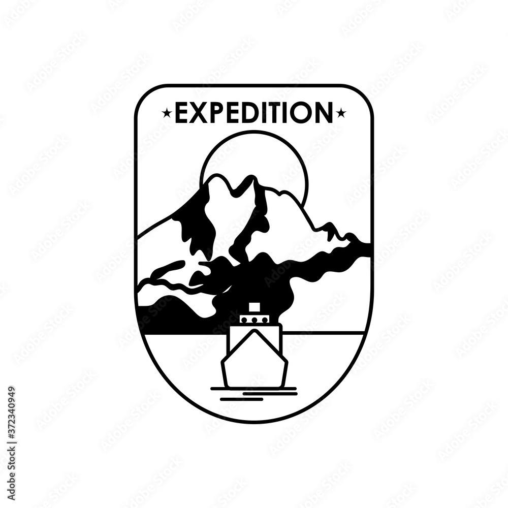 expedition shield badge with mountains landscape design, silhouette style expedition shield badge with mountains landscape design, silhouette style