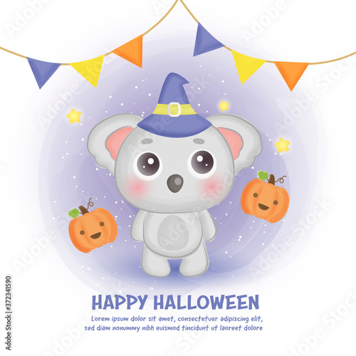 Happy halloween card with cute koala in water color style.