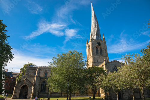 The twisted spire of the Church of St Mary and All Saints, Chesterfield, Derbyshire, UK
