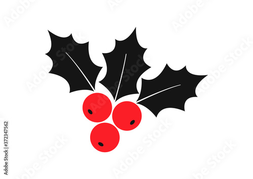 Holly berry vector icon Christmas symbol, holiday plant isolated on white background. Red and black colors. Winter illustration