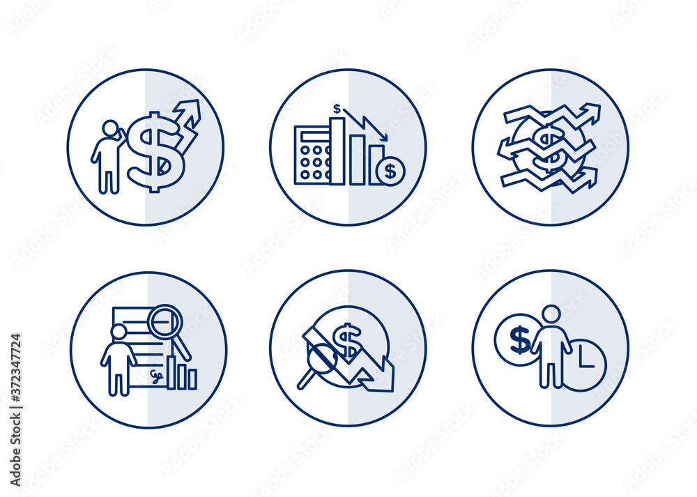 Finance icons set. Vector illustration of financial management, econometrics. A dollar sign, next to which is the silhouette of a man, followed by an up arrow.