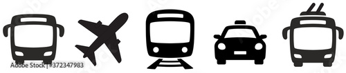Public transport icons. Transport, vehicle icons set. Airplane, plane, bus, train, trolley bus and taxi.