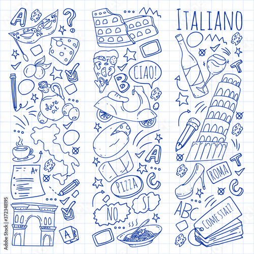 Italian language learning. Vector pattern with icons and national symbols of Italy.