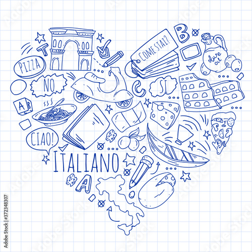 Italian language learning. Vector pattern with icons and national symbols of Italy.