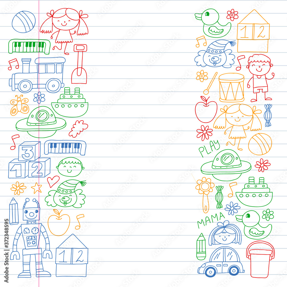 Kindergarten preschool school children. Kids drawing style vector pattern. Play grow learn together. Kindergarten preschool school children. Kids drawing style vector pattern. Play grow learn together.