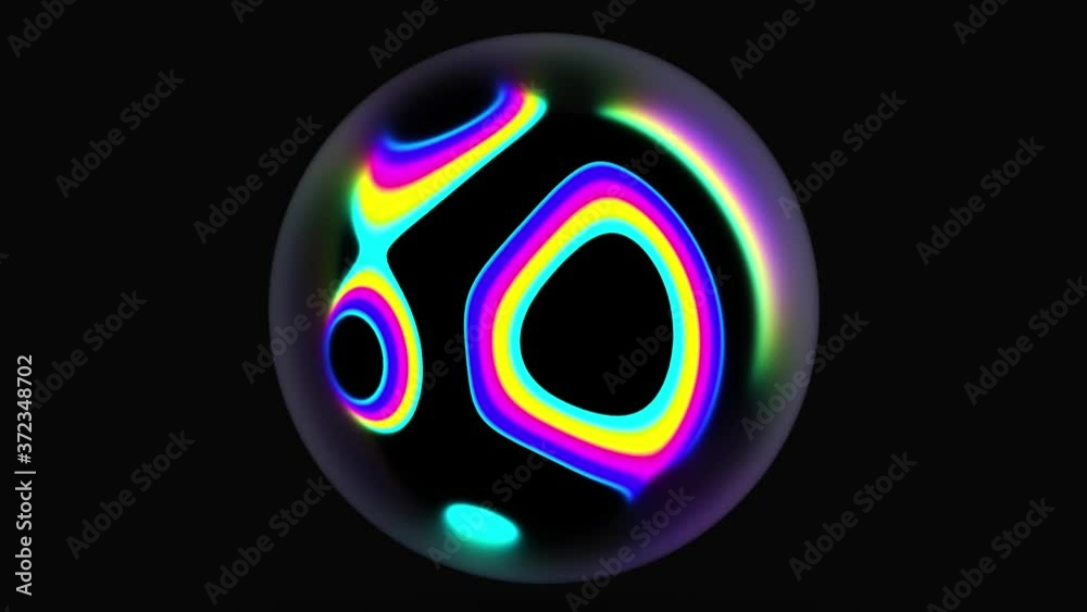 3d render of animated video with abstract art surreal 3d glass ball with organic curve wavy object inside with deformed neon glowing plasma parallel lines on surface on black background