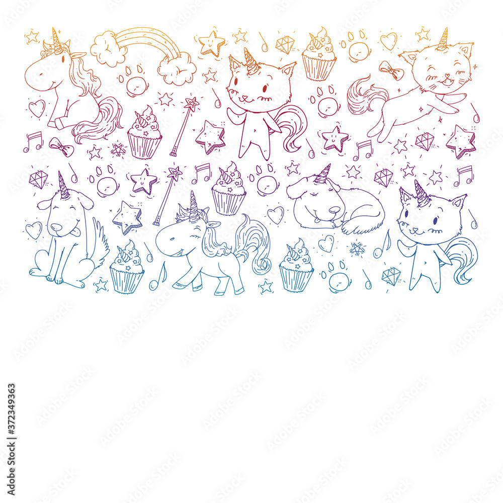 Pattern with unicorns, rainbow, confetti and other elements. Vector background with stickers, pins, patches in cartoon. Cats and dogs. Pattern with unicorns, rainbow, confetti and other elements. Vector background with stickers, pins, patches in cartoon. Cats and dogs.