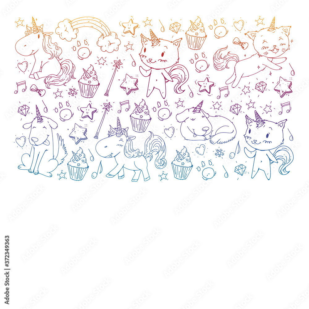 Pattern with unicorns, rainbow, confetti and other elements. Vector background with stickers, pins, patches in cartoon. Cats and dogs.