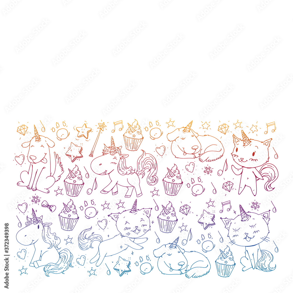 Pattern with unicorns, rainbow, confetti and other elements. Vector background with stickers, pins, patches in cartoon. Cats and dogs.