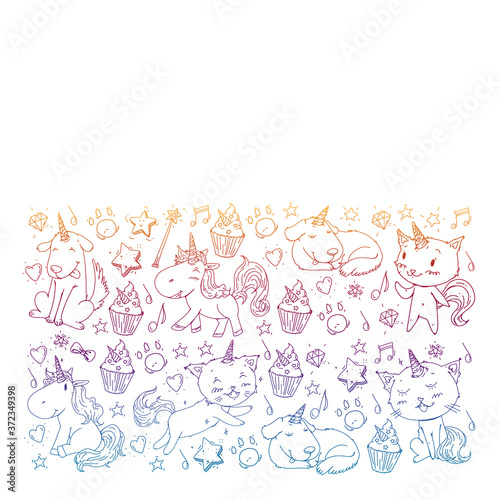 Pattern with unicorns, rainbow, confetti and other elements. Vector background with stickers, pins, patches in cartoon. Cats and dogs.