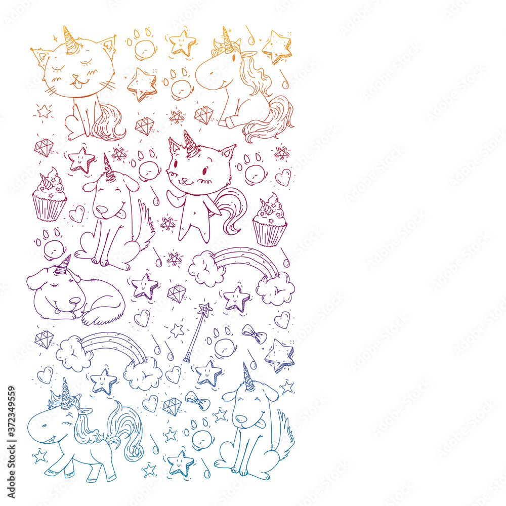 Pattern with unicorns, rainbow, confetti and other elements. Vector background with stickers, pins, patches in cartoon. Cats and dogs. Pattern with unicorns, rainbow, confetti and other elements. Vector background with stickers, pins, patches in cartoon. Cats and dogs.