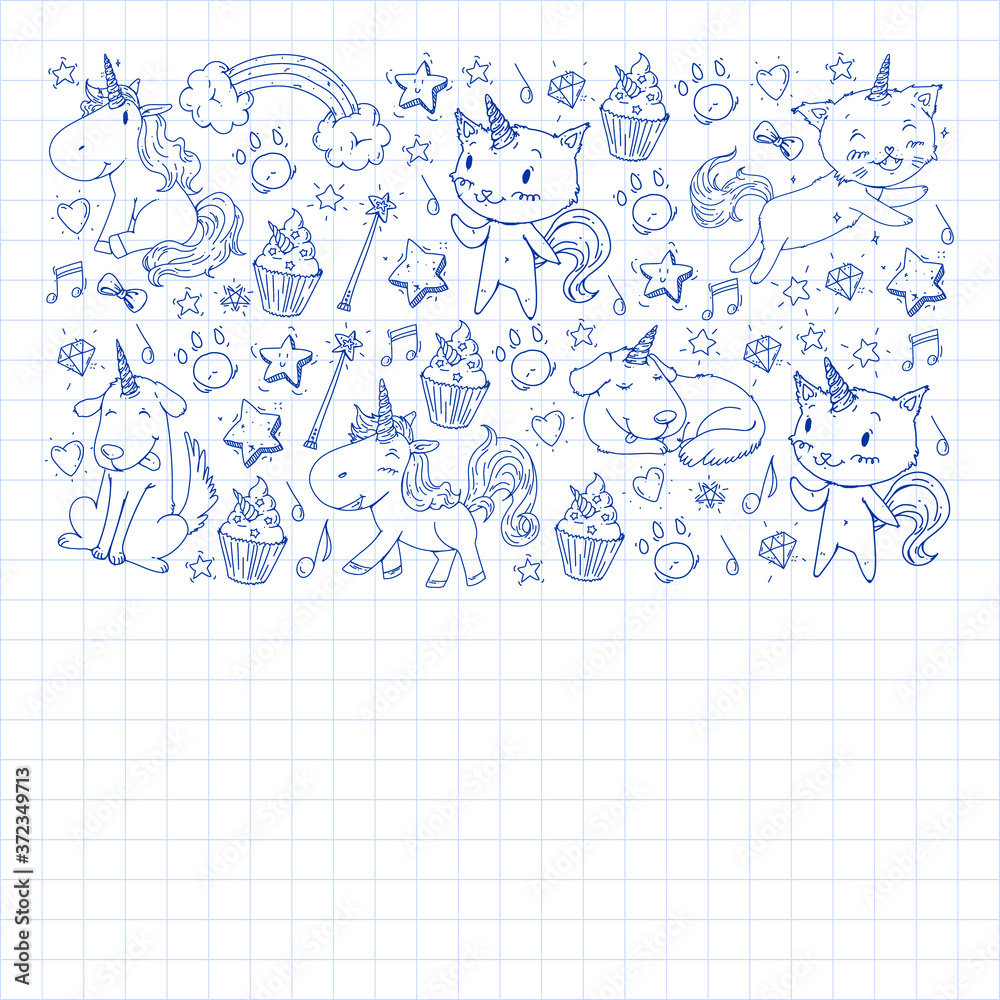 Pattern with unicorns, rainbow, confetti and other elements. Vector background with stickers, pins, patches in cartoon. Cats and dogs. Pattern with unicorns, rainbow, confetti and other elements. Vector background with stickers, pins, patches in cartoon. Cats and dogs.